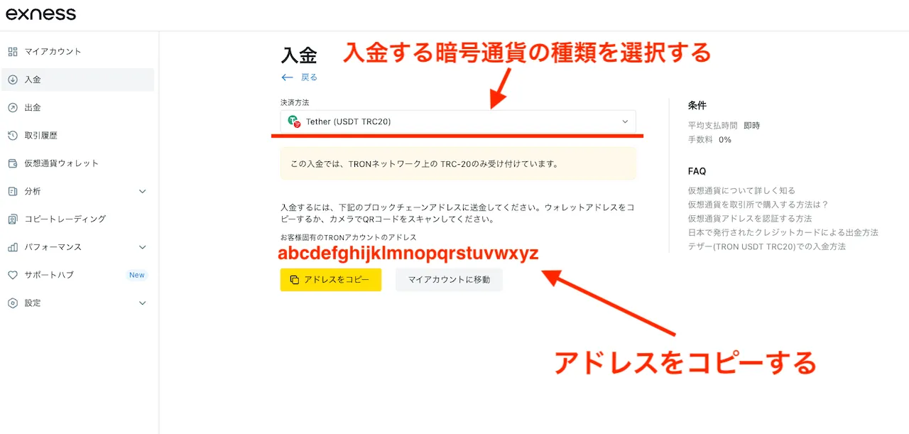 bybitからexnessにUSDTで入金