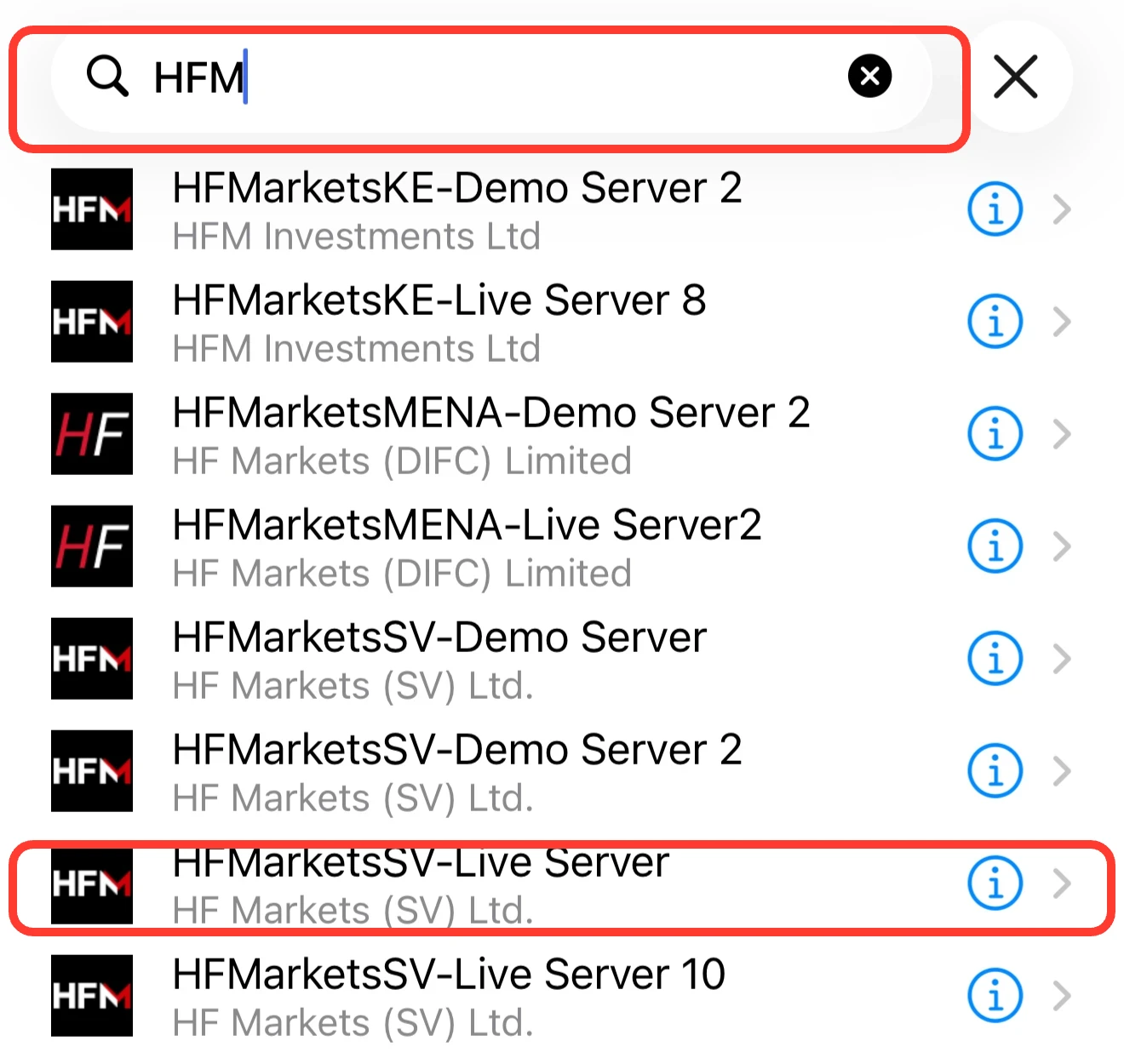 HFMのMT4アプリで「HFM」と検索して表示されたサーバーの一覧